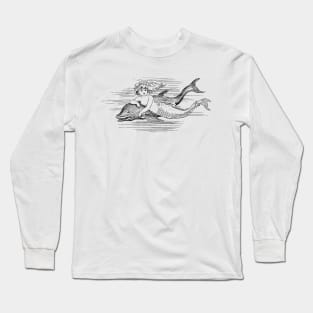 Hand Drawn Mermaid & Dolphin Pencil Long Sleeve T-Shirt